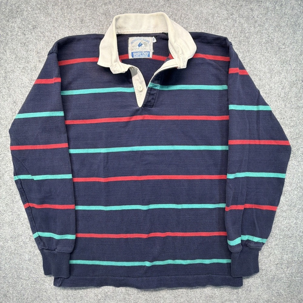 Vintage Lands End Rugby Shirt Mens Large Heavy‎ Cotton Polo Made in USA 90s